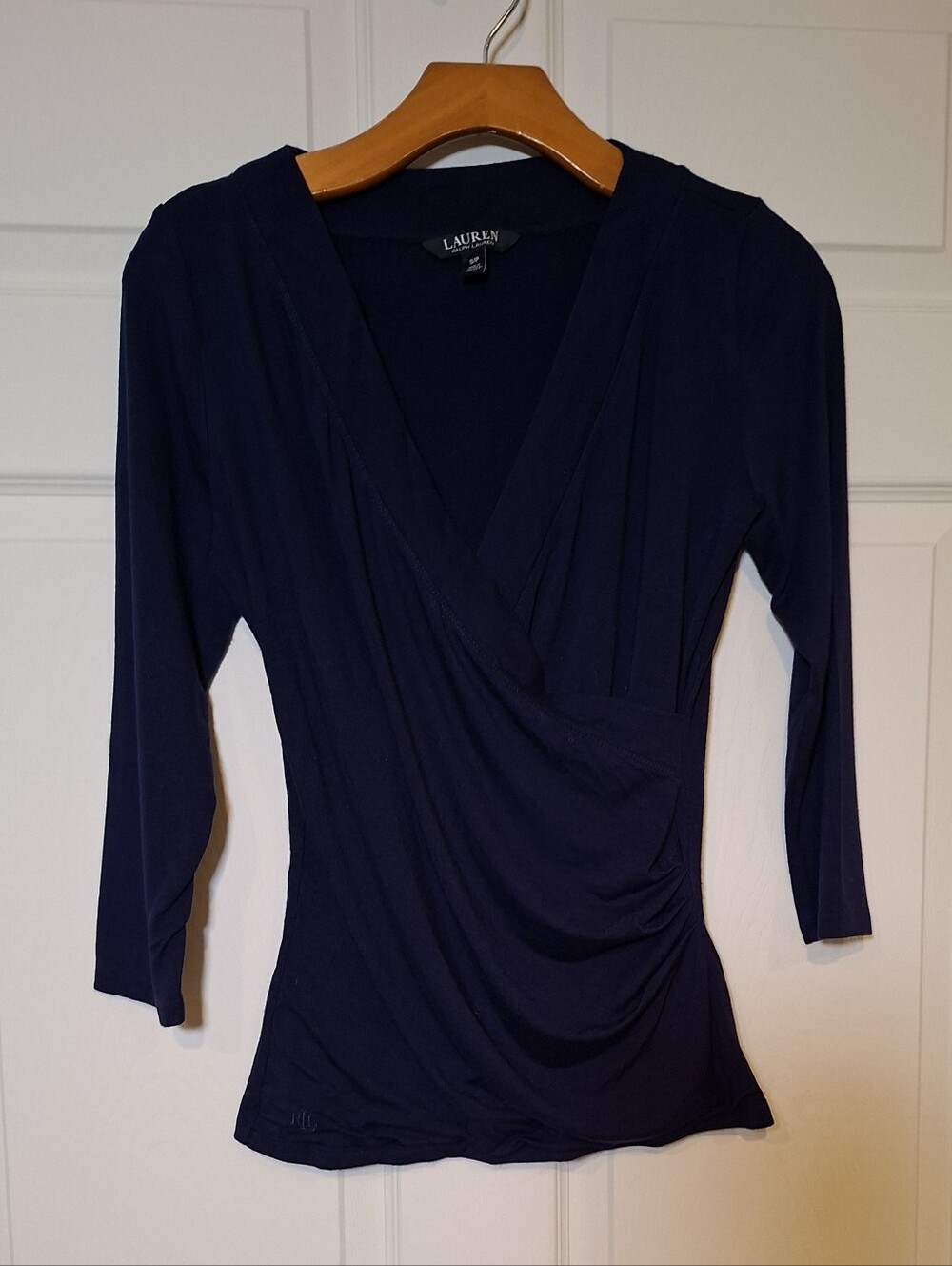 Lauren Ralph Lauren Navy Blue Faux Wrap Top Surplice Ruched Size Small Petite SP